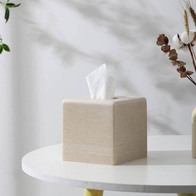 Modern Square Resin Tissue Box Cover & Dispenser - Beige with White Trim, Durable Rectangular Holder with Rounded Corners, Space-Saving Design for Bathroom, Kitchen, Living Room, Office - Decorative Toilet Paper Storage in Beige,, Brown, Gray Tones - Easy