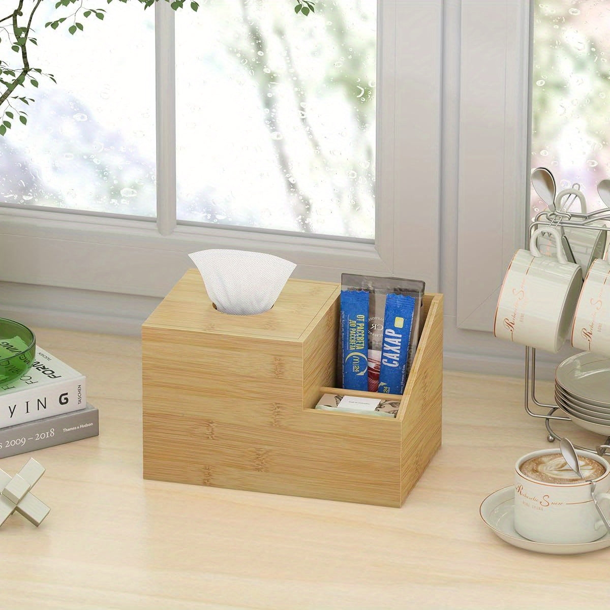 Bamboo Square Tissue Box Cover - A Multifunctional Organizer for Your Nightstand, Perfect for Storing Tissues in The Bedroom, Bathroom, Or Office. It Features Compartments for Holding Ipads, Phones, And Remote Controls (Natural).