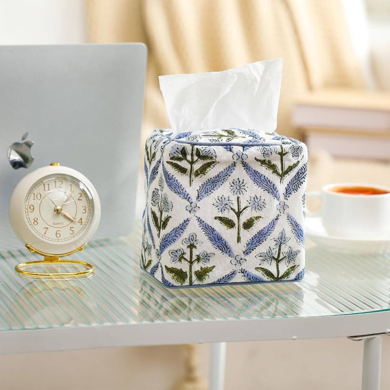 Handmade Fabric Tissue Box Cover - Elegant Floral Print Square Decorative Napkin Holder with Blue & Green Leaf Pattern, White Background, Soft Durable Fabric for Home, Bedroom, Bathroom, Office - Decorative Storage for Tissues, Space-Saving Design, Easy