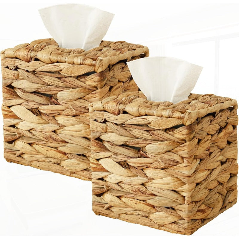 2pcs Decorative Woven Tissue Box Cover - Round Woven Tissue Holder with Open-Top Lid, Natural Beige Woven Texture, Durable Woven Fabric for Bathroom, Living Room, Office - Decorative Tissue Dispenser Organizer, Portable Tabletop Storage for Home & Travel,