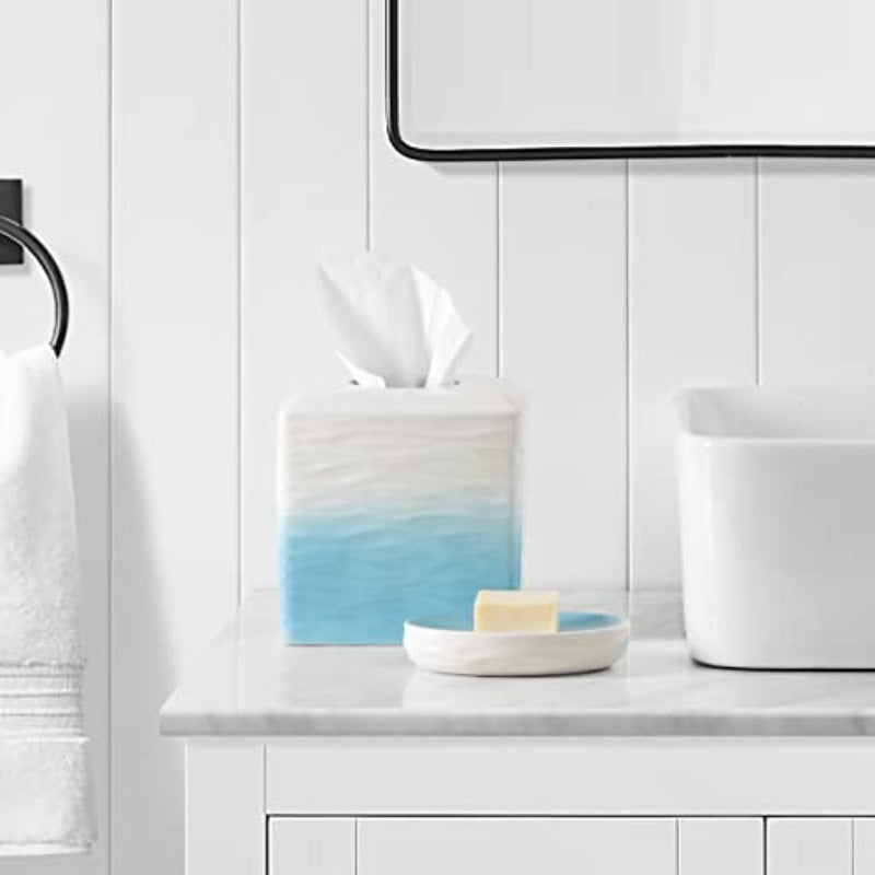 Ceramic Tissue Holder Box - Modern Bathroom Decor with Open-Top Lid, Elegant Toilet Paper Organizer for Bathroom, Kitchen, Living Room - Durable Ceramic Construction, Minimalist Home Decoration in White & Blue Gradient (Compatible with Standard Tissues),