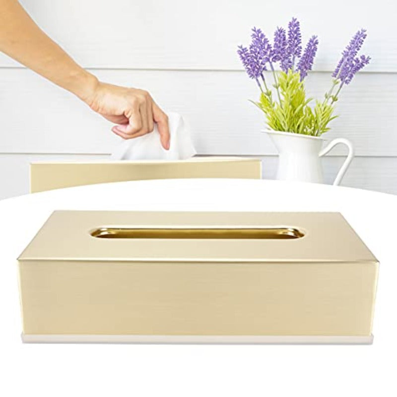 Golden Stainless Steel Tissue Box - Decorative Metal Tissue Holder & Dispenser with Modern Rectangular Design, Rounded Corners & Smooth Edges, Durable Elegant Napkin Dispenser for Bathroom, Bedroom, Living Room - Ideal Gift for Home Decor (Compatible with