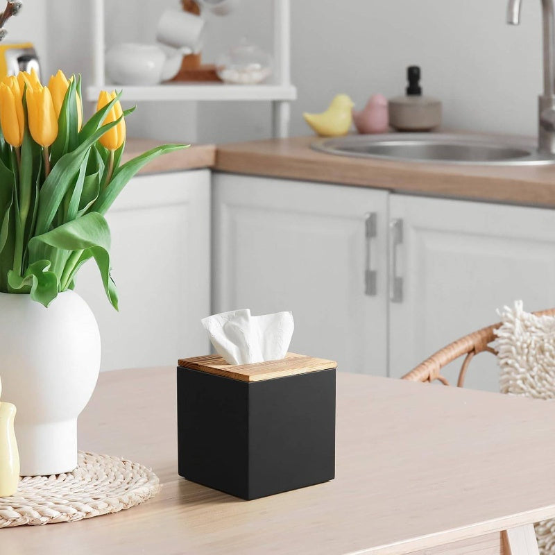 Modern Black Wooden Tissue Box Cover - Decorative Cube Tissue Dispenser with Top Surface, Space-Saving Organizer for Bathroom, Kitchen, Office, Living Room - Compatible with Standard Tissues, Elegant Home Decor Storage Solution, Tissue Holder for