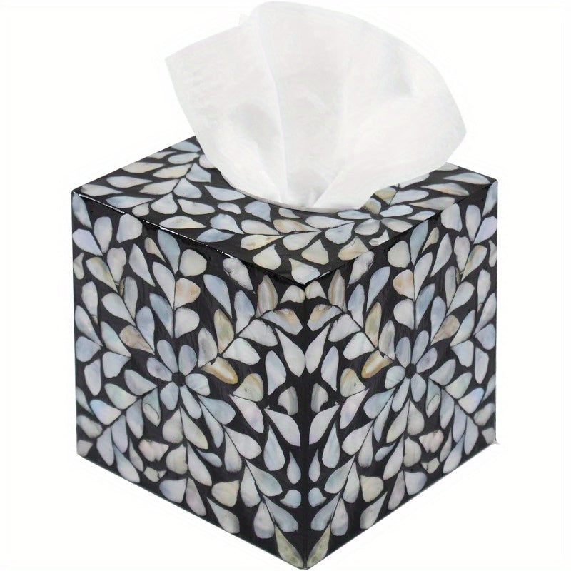 5.9" Cube Mother of Pearl Tissue Box Cover - Elegant Black & White Marble-like Leaf Pattern Decorative Napkin Dispenser Organizer, Rustic Farmhouse Vintage Tabletop Decor for Kitchen, Bathroom, Office - Durable Countertop Storage with Easy-Access Tissue