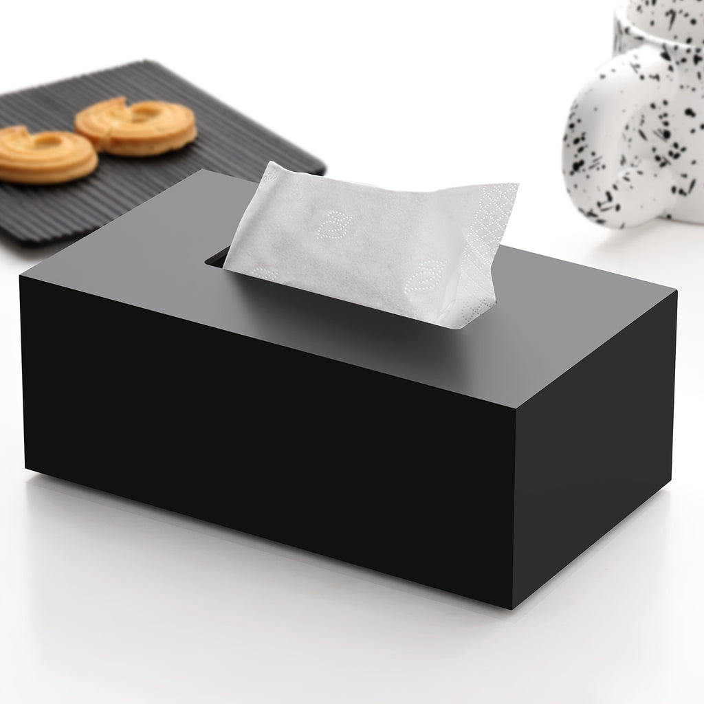Modern Black Tissue Box Holder with Matte or Glossy Finish - Heavy-Duty Rectangular Design with Open-Top Lid & Tissue Dispenser Slot | Durable Acrylic Construction for Home, Office, Hotel, Restaurant | Minimalist Decor, Space-Saving & Hygienic |