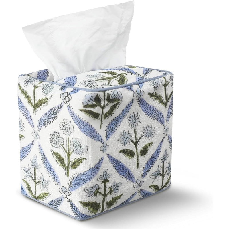 Handmade Fabric Tissue Box Cover - Elegant Floral Print Square Decorative Napkin Holder with Blue & Green Leaf Pattern, White Background, Soft Durable Fabric for Home, Bedroom, Bathroom, Office - Decorative Storage for Tissues, Space-Saving Design, Easy