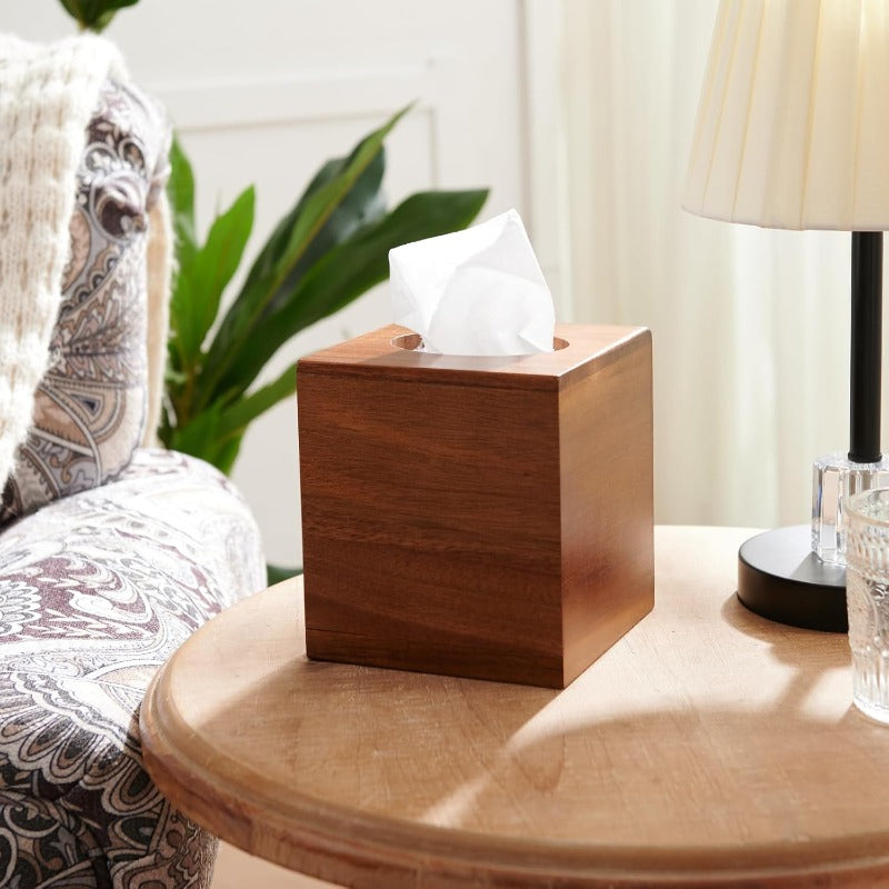 Acacia Wood Tissue Box Cover Square Wooden Tissue Holder for Bathroom Living Room Dining Table Decorative Cube Facial Tissue Box Cover 5. 3 x 5. 3 x 5. 9 inches
