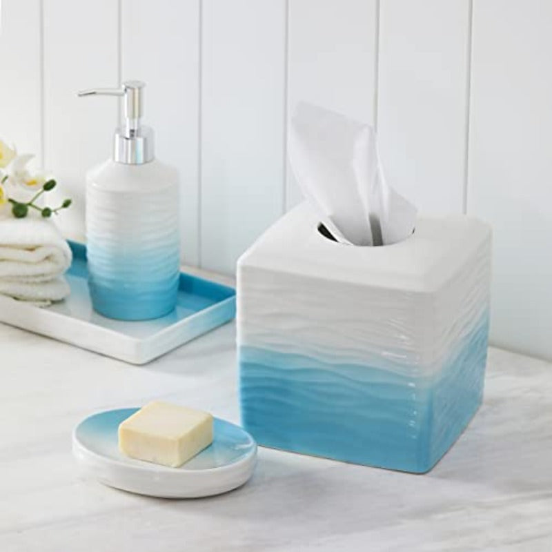 Ceramic Tissue Holder Box - Modern Bathroom Decor with Open-Top Lid, Elegant Toilet Paper Organizer for Bathroom, Kitchen, Living Room - Durable Ceramic Construction, Minimalist Home Decoration in White & Blue Gradient (Compatible with Standard Tissues),