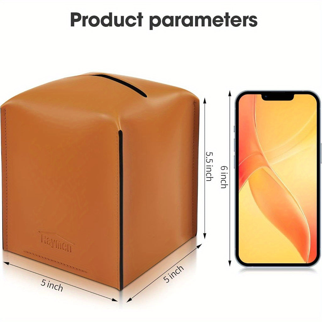 Tissue Box Cover, Modern Saddle Leather Square Tissue Box Holder - Decorative Holder Organizer for Bathroom Vanity Countertop, Night Stands, Office Desk & Car 5" X5" X5. 3" ( Tan)