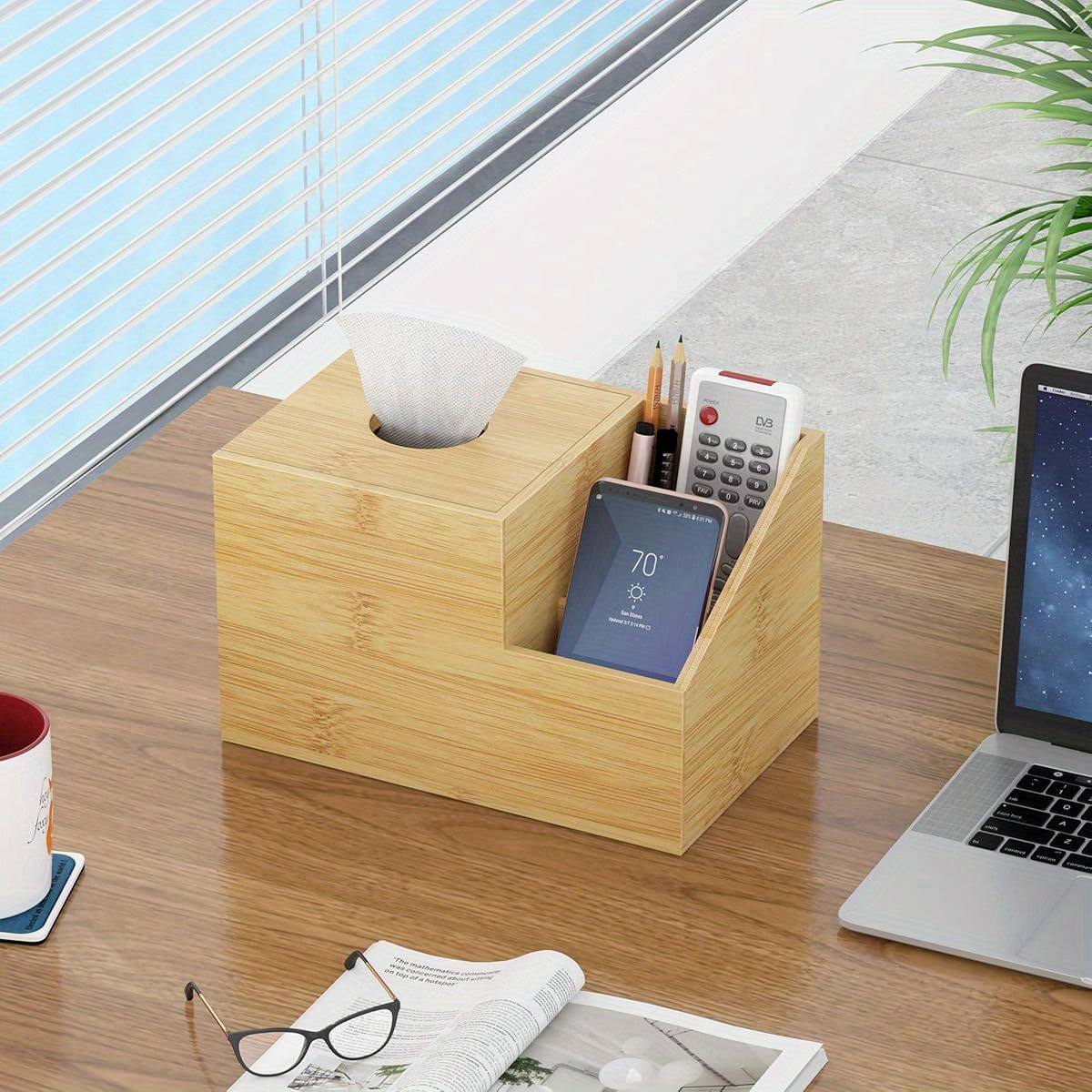 Bamboo Square Tissue Box Cover - A Multifunctional Organizer for Your Nightstand, Perfect for Storing Tissues in The Bedroom, Bathroom, Or Office. It Features Compartments for Holding Ipads, Phones, And Remote Controls (Natural).