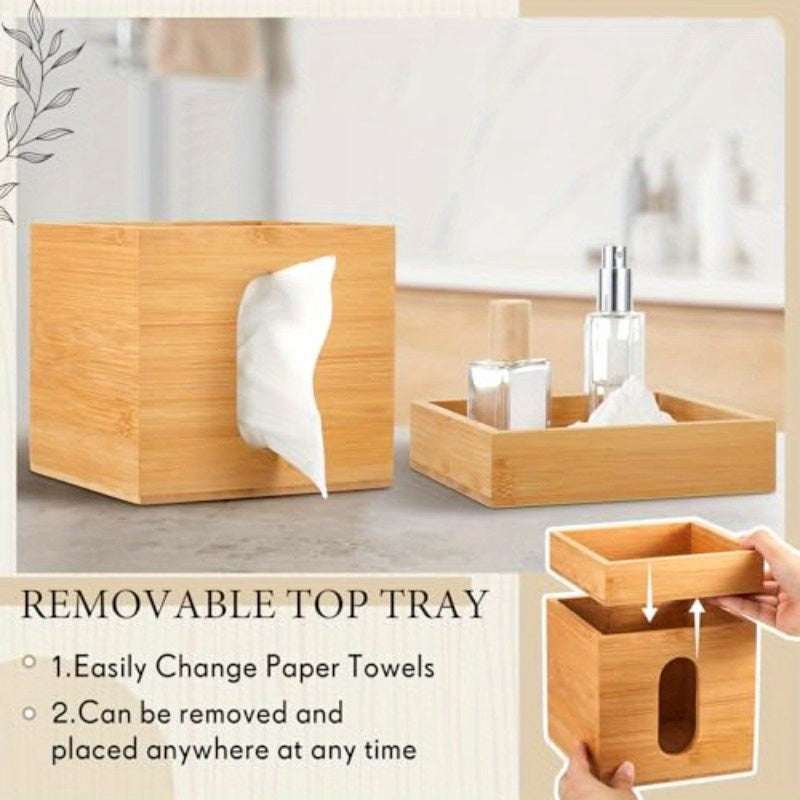 Decorative Bamboo Tissue Box Cover with a Storage Tray, Measuring 6 X 6 X 7, 4 Inches, This Square Tissue Holder Is Perfect for Organizing Facial Tissues in The Bathroom, Office, Or Bedroom