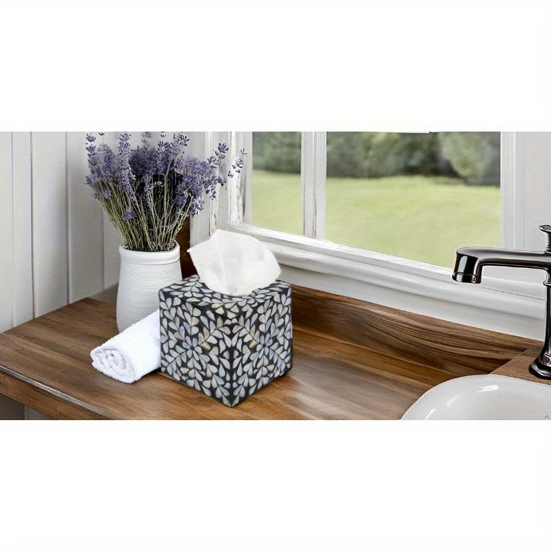 5.9" Cube Mother of Pearl Tissue Box Cover - Elegant Black & White Marble-like Leaf Pattern Decorative Napkin Dispenser Organizer, Rustic Farmhouse Vintage Tabletop Decor for Kitchen, Bathroom, Office - Durable Countertop Storage with Easy-Access Tissue