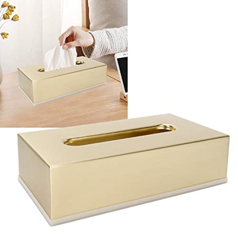 Golden Stainless Steel Tissue Box - Decorative Metal Tissue Holder & Dispenser with Modern Rectangular Design, Rounded Corners & Smooth Edges, Durable Elegant Napkin Dispenser for Bathroom, Bedroom, Living Room - Ideal Gift for Home Decor (Compatible with
