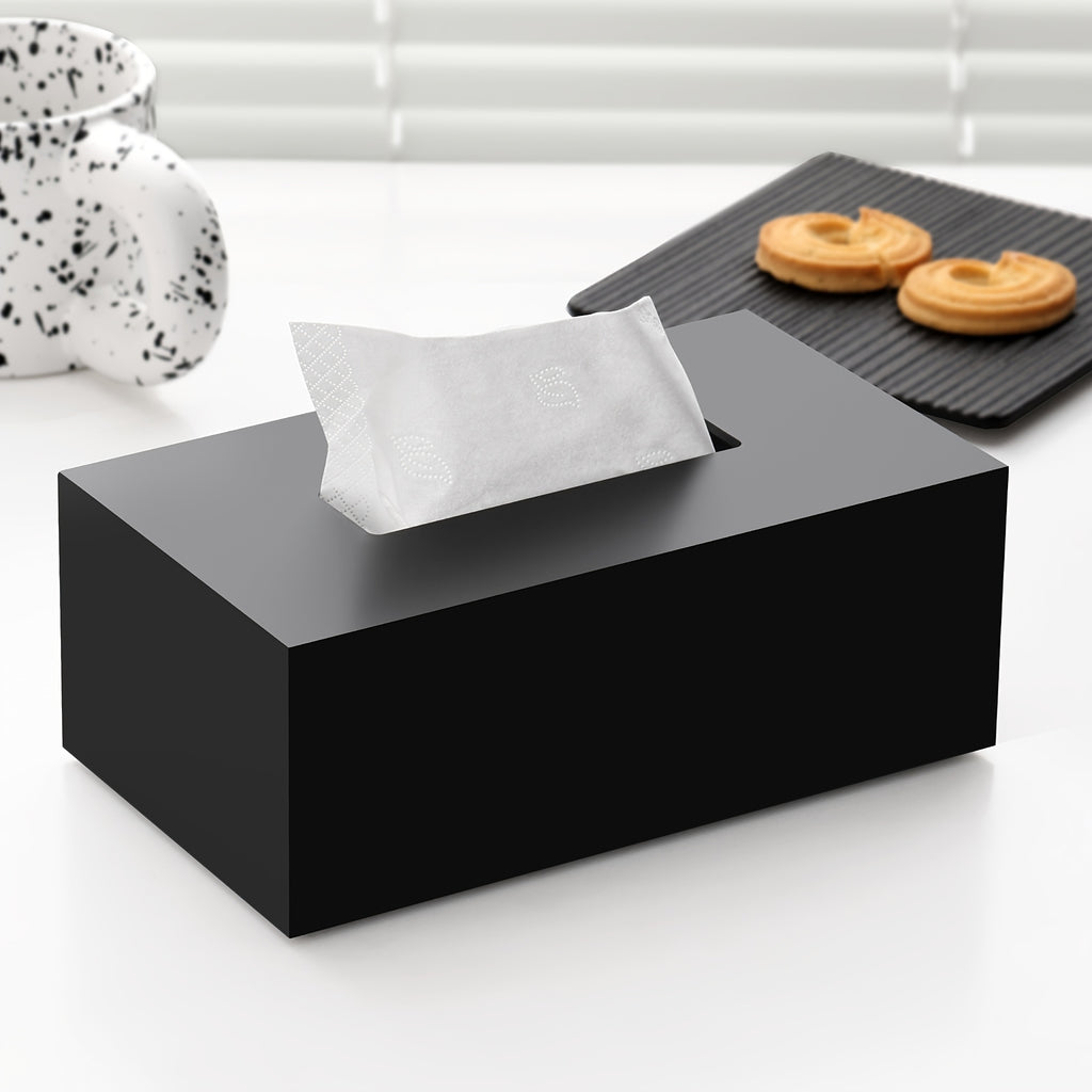 Modern Black Tissue Box Holder with Matte or Glossy Finish - Heavy-Duty Rectangular Design with Open-Top Lid & Tissue Dispenser Slot | Durable Acrylic Construction for Home, Office, Hotel, Restaurant | Minimalist Decor, Space-Saving & Hygienic |