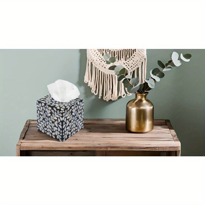 5.9" Cube Mother of Pearl Tissue Box Cover - Elegant Black & White Marble-like Leaf Pattern Decorative Napkin Dispenser Organizer, Rustic Farmhouse Vintage Tabletop Decor for Kitchen, Bathroom, Office - Durable Countertop Storage with Easy-Access Tissue