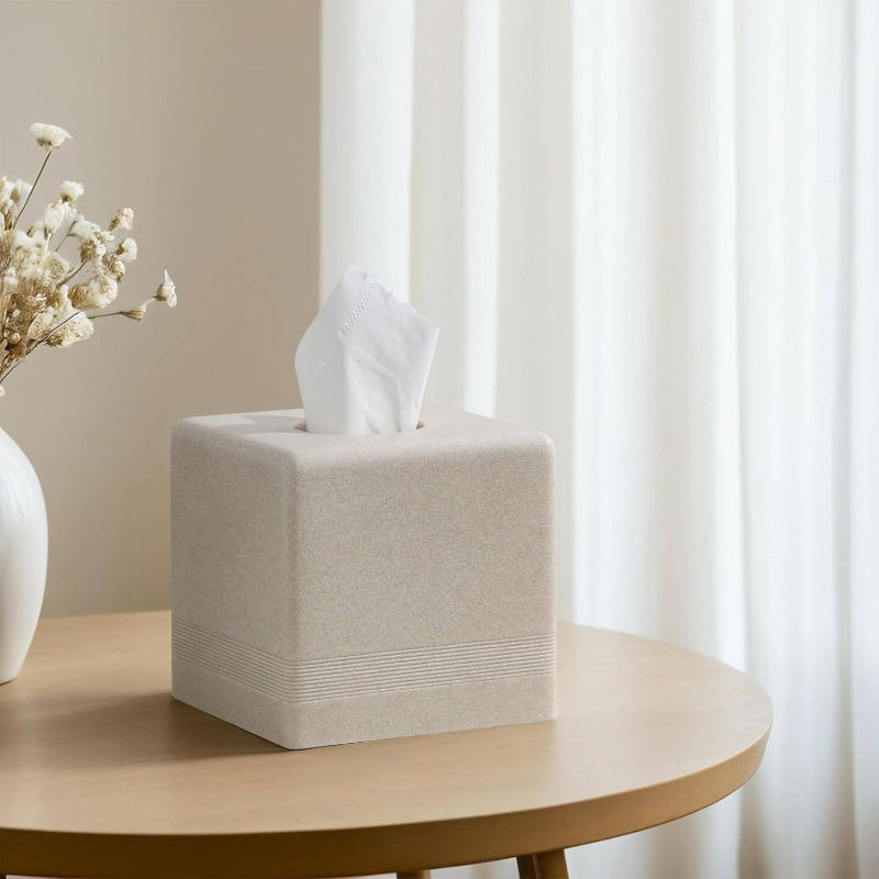 Modern Square Resin Tissue Box Cover & Dispenser - Beige with White Trim, Durable Rectangular Holder with Rounded Corners, Space-Saving Design for Bathroom, Kitchen, Living Room, Office - Decorative Toilet Paper Storage in Beige,, Brown, Gray Tones - Easy
