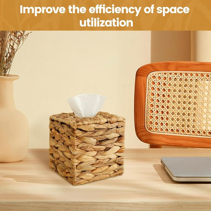 2pcs Decorative Woven Tissue Box Cover - Round Woven Tissue Holder with Open-Top Lid, Natural Beige Woven Texture, Durable Woven Fabric for Bathroom, Living Room, Office - Decorative Tissue Dispenser Organizer, Portable Tabletop Storage for Home & Travel,
