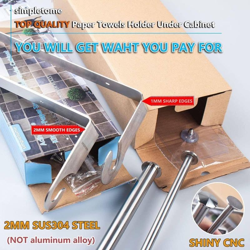 Kitchen Paper Towels Holder Under Cabinet Adhesive or Drilling Installation Brushed SUS304 Stainless Steel Silvery, Napkin Holder For Table, Tissue Box Holder, Tissue Box Cover, Tissue Holder