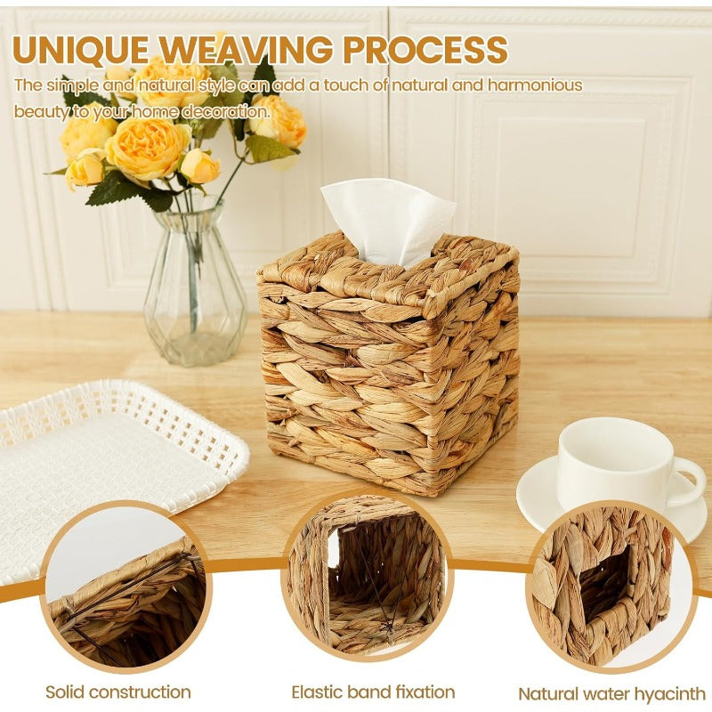 2pcs Decorative Woven Tissue Box Cover - Round Woven Tissue Holder with Open-Top Lid, Natural Beige Woven Texture, Durable Woven Fabric for Bathroom, Living Room, Office - Decorative Tissue Dispenser Organizer, Portable Tabletop Storage for Home & Travel,