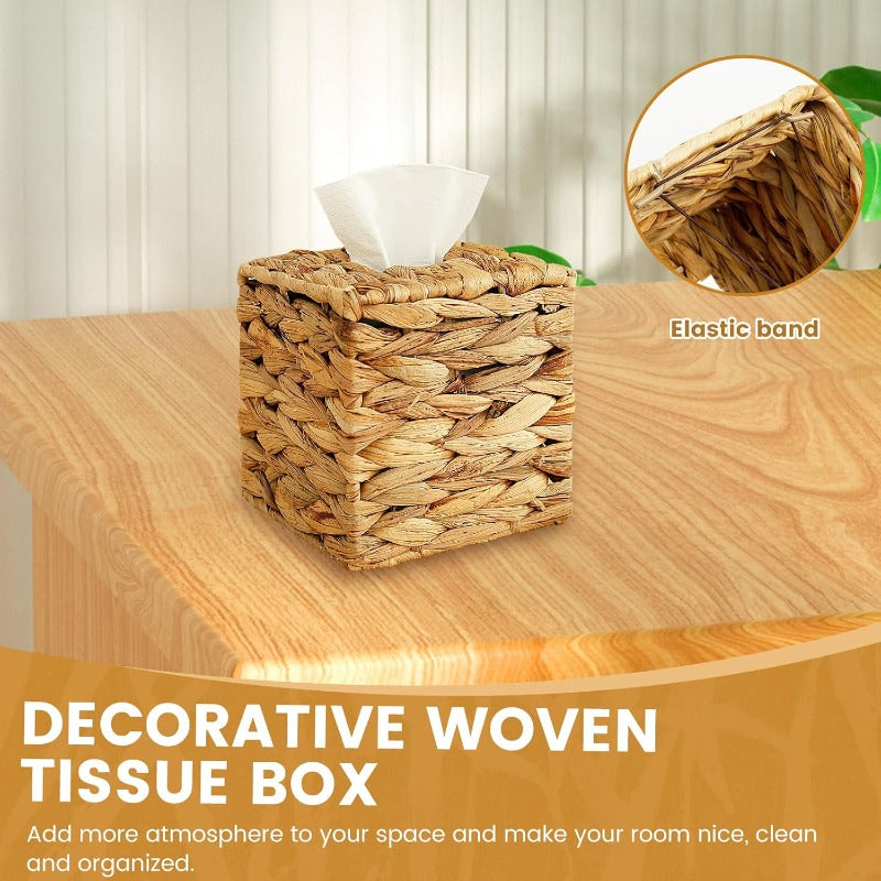 2pcs Decorative Woven Tissue Box Cover - Round Woven Tissue Holder with Open-Top Lid, Natural Beige Woven Texture, Durable Woven Fabric for Bathroom, Living Room, Office - Decorative Tissue Dispenser Organizer, Portable Tabletop Storage for Home & Travel,