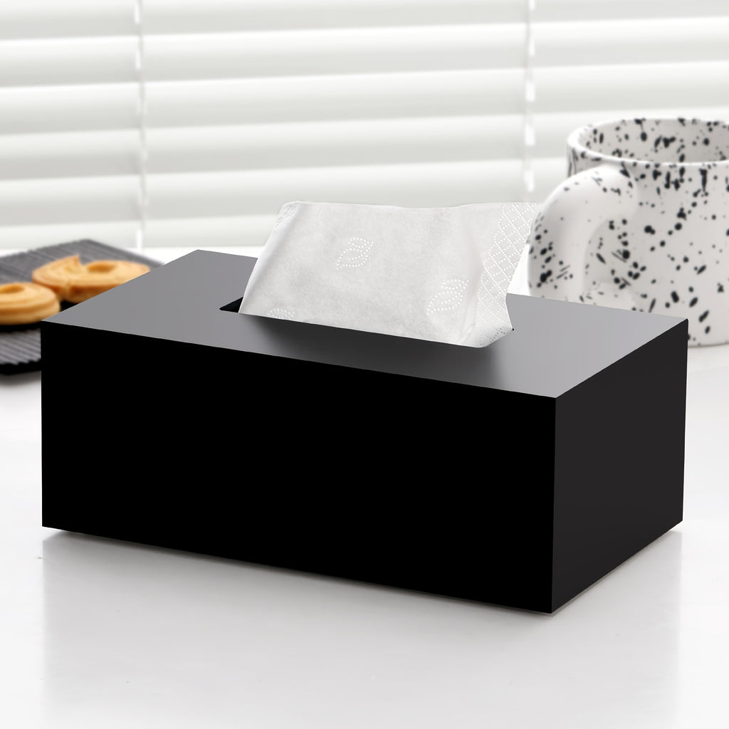 Modern Black Tissue Box Holder with Matte or Glossy Finish - Heavy-Duty Rectangular Design with Open-Top Lid & Tissue Dispenser Slot | Durable Acrylic Construction for Home, Office, Hotel, Restaurant | Minimalist Decor, Space-Saving & Hygienic |