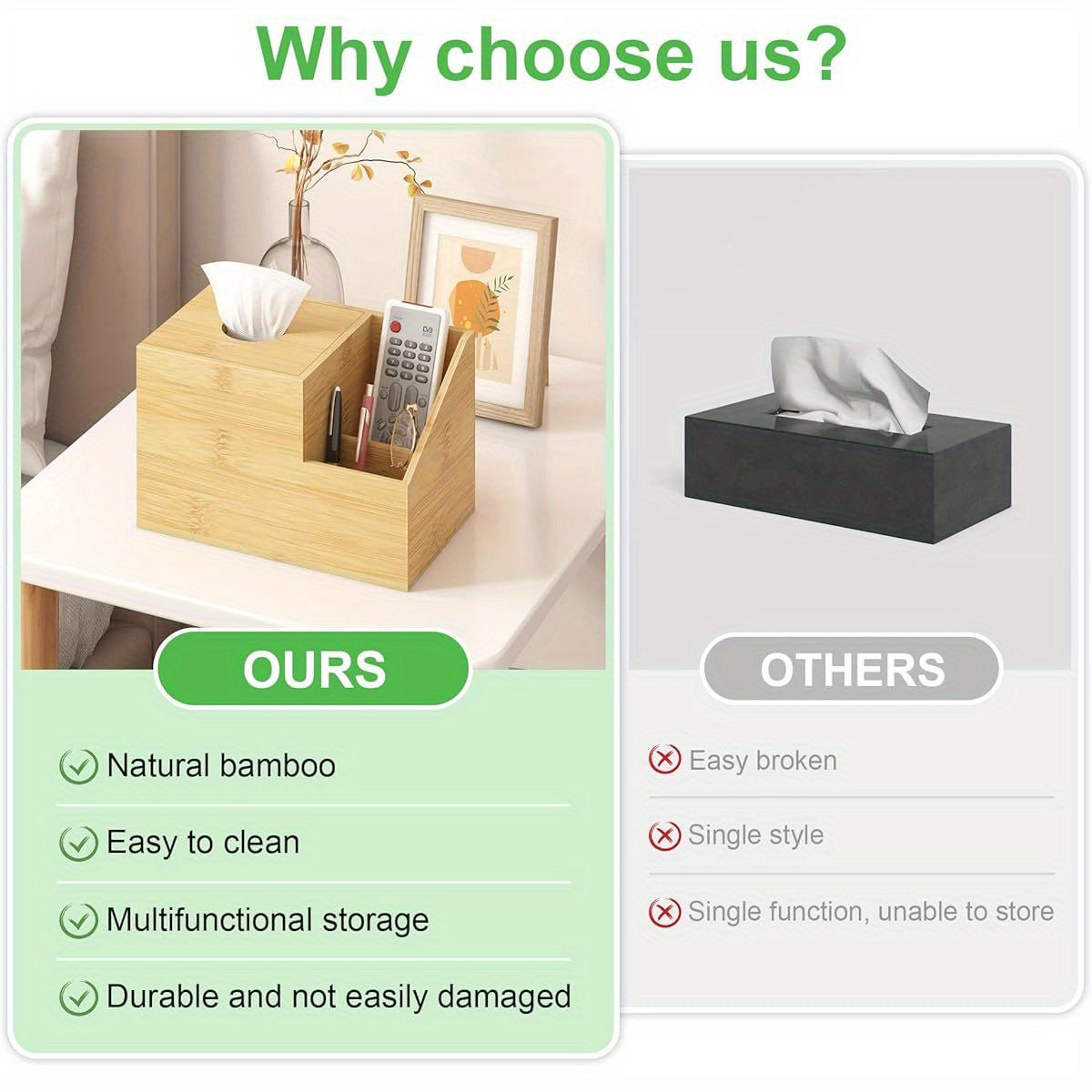 Bamboo Square Tissue Box Cover - A Multifunctional Organizer for Your Nightstand, Perfect for Storing Tissues in The Bedroom, Bathroom, Or Office. It Features Compartments for Holding Ipads, Phones, And Remote Controls (Natural).