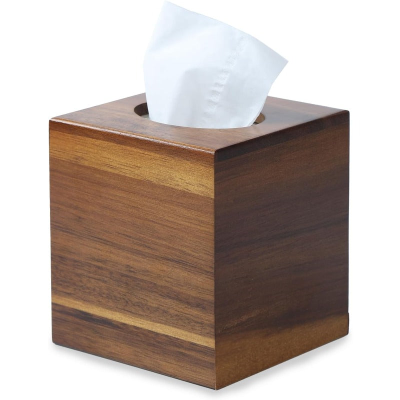 Acacia Wood Tissue Box Cover Square Wooden Tissue Holder for Bathroom Living Room Dining Table Decorative Cube Facial Tissue Box Cover 5. 3 x 5. 3 x 5. 9 inches