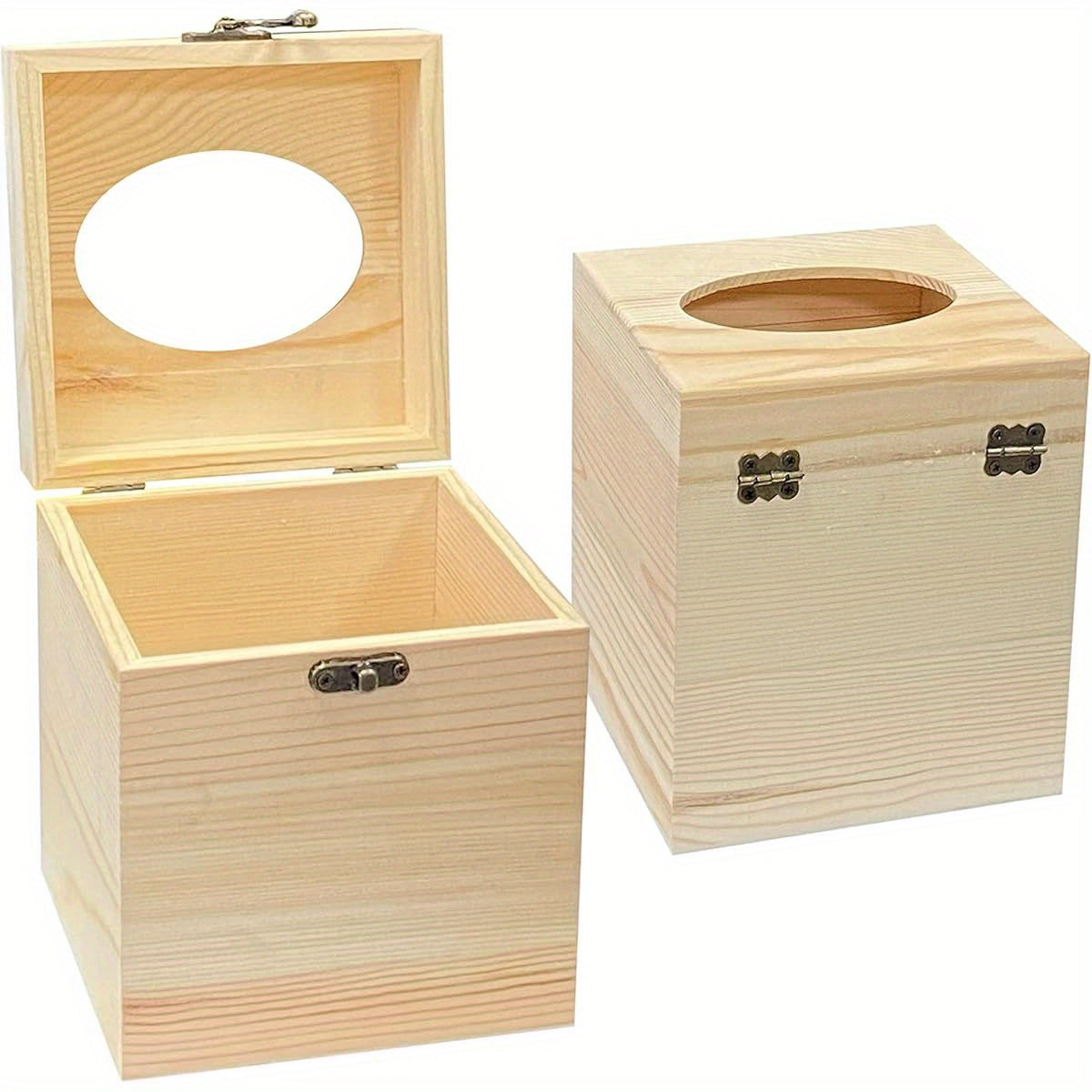 2pcs Unfinished Solid Wood Tissue Box Covers - Oval Opening, Square Wooden Holder for Home Decor, 5.1x5.1in, Perfect for Crafts & Decorative Display, Craft Supplies, Decorative Storage, Natural Wood Finish