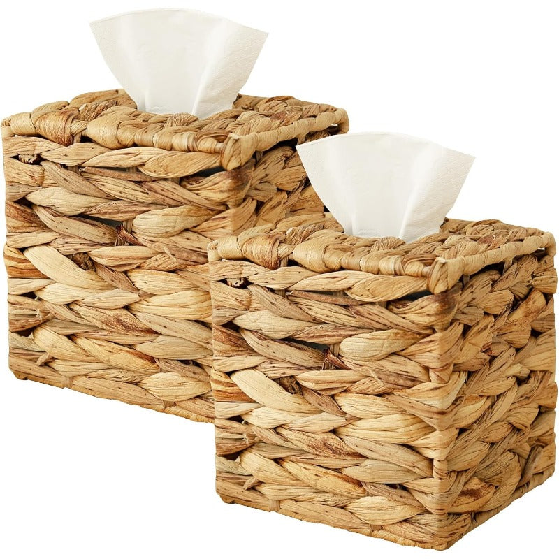 2pcs Decorative Woven Tissue Box Cover - Round Woven Tissue Holder with Open-Top Lid, Natural Beige Woven Texture, Durable Woven Fabric for Bathroom, Living Room, Office - Decorative Tissue Dispenser Organizer, Portable Tabletop Storage for Home & Travel,