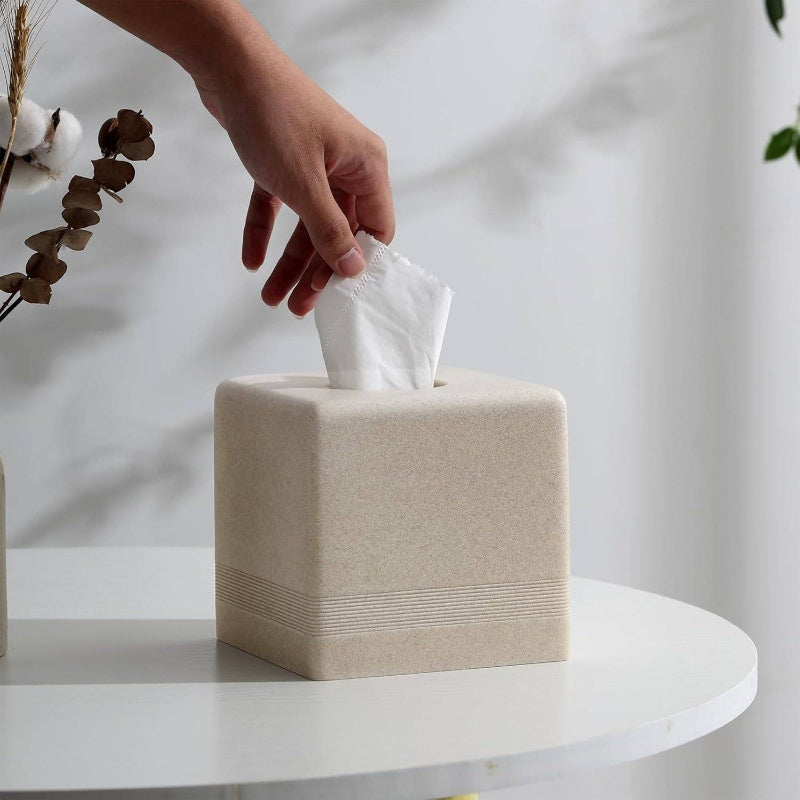 Modern Square Resin Tissue Box Cover & Dispenser - Beige with White Trim, Durable Rectangular Holder with Rounded Corners, Space-Saving Design for Bathroom, Kitchen, Living Room, Office - Decorative Toilet Paper Storage in Beige,, Brown, Gray Tones - Easy