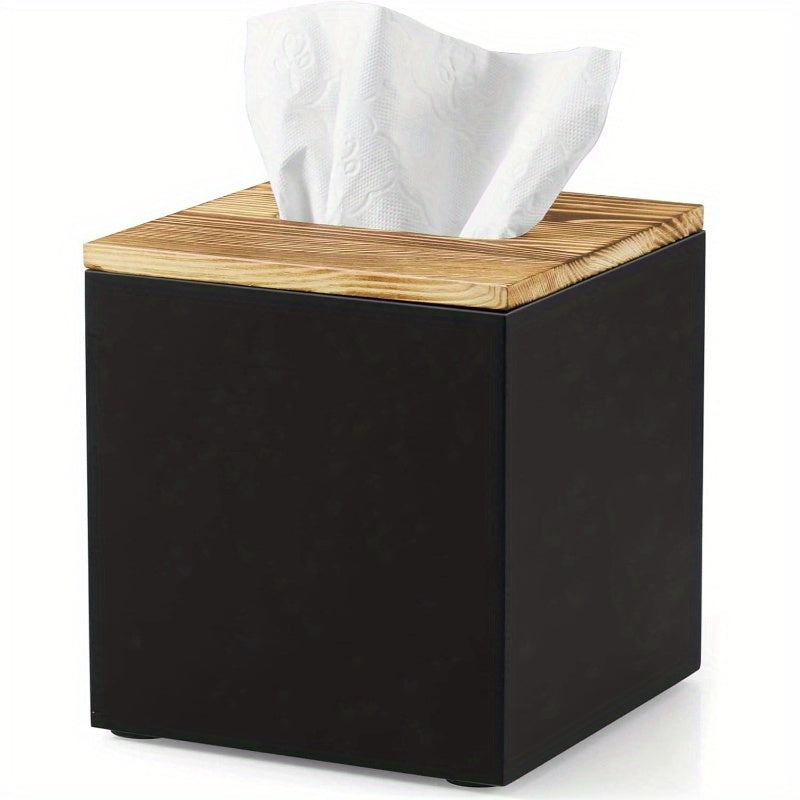 Modern Black Wooden Tissue Box Cover - Decorative Cube Tissue Dispenser with Top Surface, Space-Saving Organizer for Bathroom, Kitchen, Office, Living Room - Compatible with Standard Tissues, Elegant Home Decor Storage Solution, Tissue Holder for