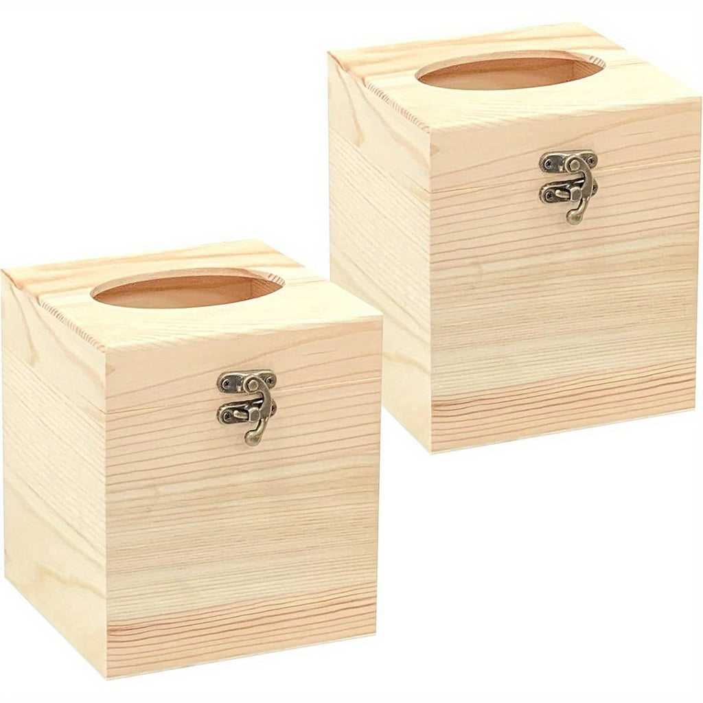 2pcs Unfinished Solid Wood Tissue Box Covers - Oval Opening, Square Wooden Holder for Home Decor, 5.1x5.1in, Perfect for Crafts & Decorative Display, Craft Supplies, Decorative Storage, Natural Wood Finish