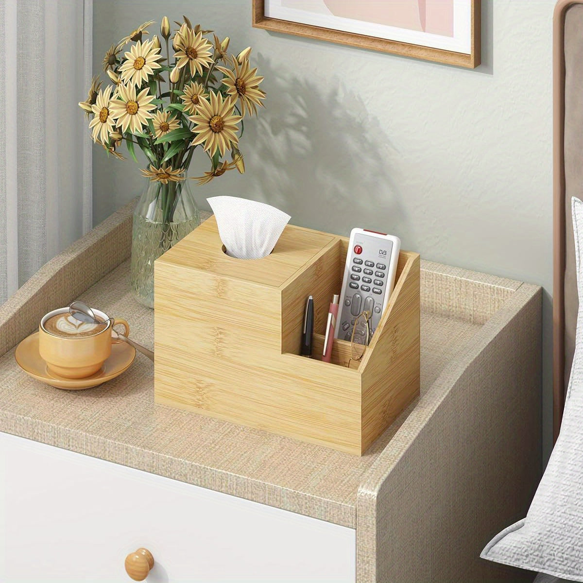 Bamboo Square Tissue Box Cover - A Multifunctional Organizer for Your Nightstand, Perfect for Storing Tissues in The Bedroom, Bathroom, Or Office. It Features Compartments for Holding Ipads, Phones, And Remote Controls (Natural).