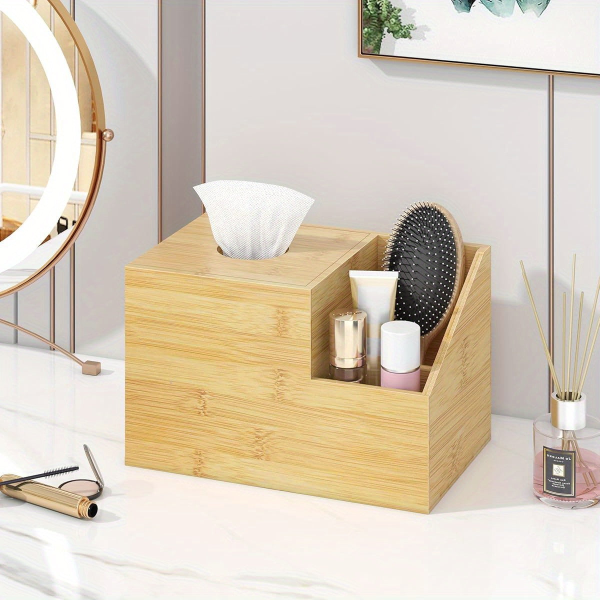 Bamboo Square Tissue Box Cover - A Multifunctional Organizer for Your Nightstand, Perfect for Storing Tissues in The Bedroom, Bathroom, Or Office. It Features Compartments for Holding Ipads, Phones, And Remote Controls (Natural).