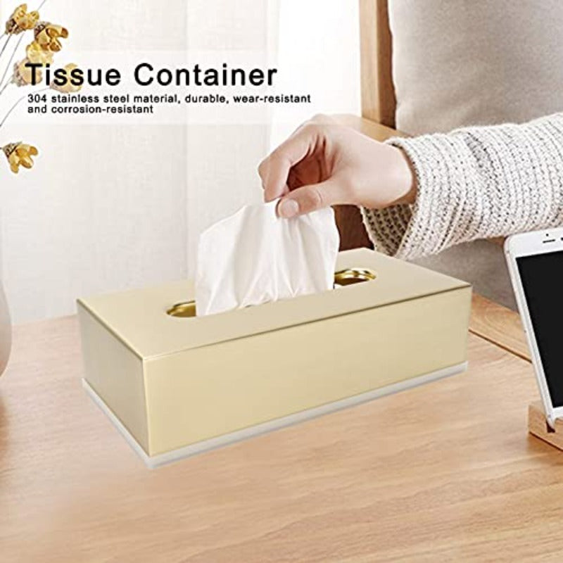 Golden Stainless Steel Tissue Box - Decorative Metal Tissue Holder & Dispenser with Modern Rectangular Design, Rounded Corners & Smooth Edges, Durable Elegant Napkin Dispenser for Bathroom, Bedroom, Living Room - Ideal Gift for Home Decor (Compatible with