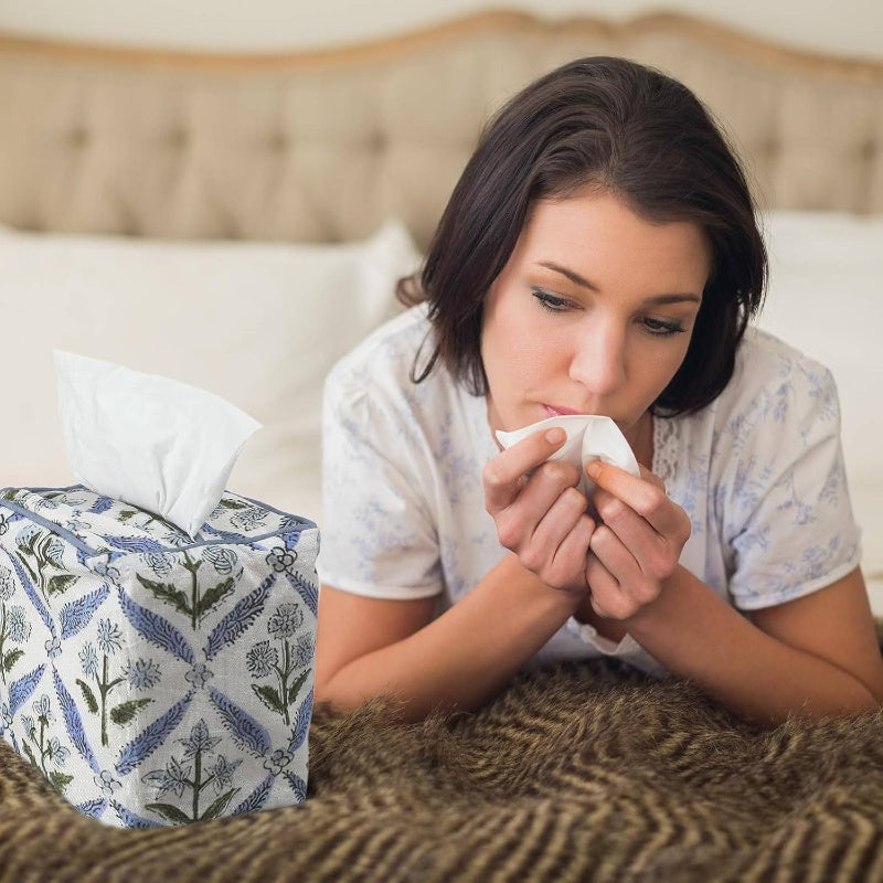 Handmade Fabric Tissue Box Cover - Elegant Floral Print Square Decorative Napkin Holder with Blue & Green Leaf Pattern, White Background, Soft Durable Fabric for Home, Bedroom, Bathroom, Office - Decorative Storage for Tissues, Space-Saving Design, Easy