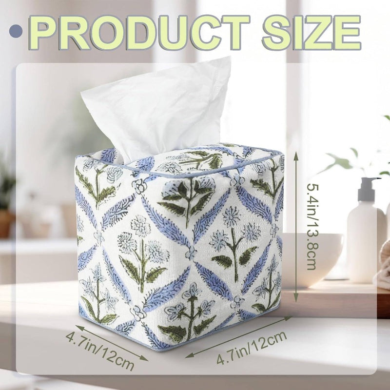Handmade Fabric Tissue Box Cover - Elegant Floral Print Square Decorative Napkin Holder with Blue & Green Leaf Pattern, White Background, Soft Durable Fabric for Home, Bedroom, Bathroom, Office - Decorative Storage for Tissues, Space-Saving Design, Easy