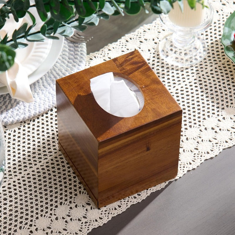 Acacia Wood Tissue Box Cover Square Wooden Tissue Holder for Bathroom Living Room Dining Table Decorative Cube Facial Tissue Box Cover 5. 3 x 5. 3 x 5. 9 inches