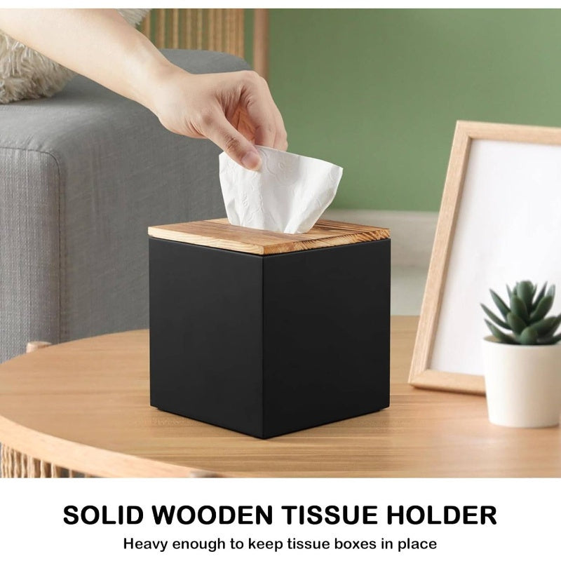 Modern Black Wooden Tissue Box Cover - Decorative Cube Tissue Dispenser with Top Surface, Space-Saving Organizer for Bathroom, Kitchen, Office, Living Room - Compatible with Standard Tissues, Elegant Home Decor Storage Solution, Tissue Holder for