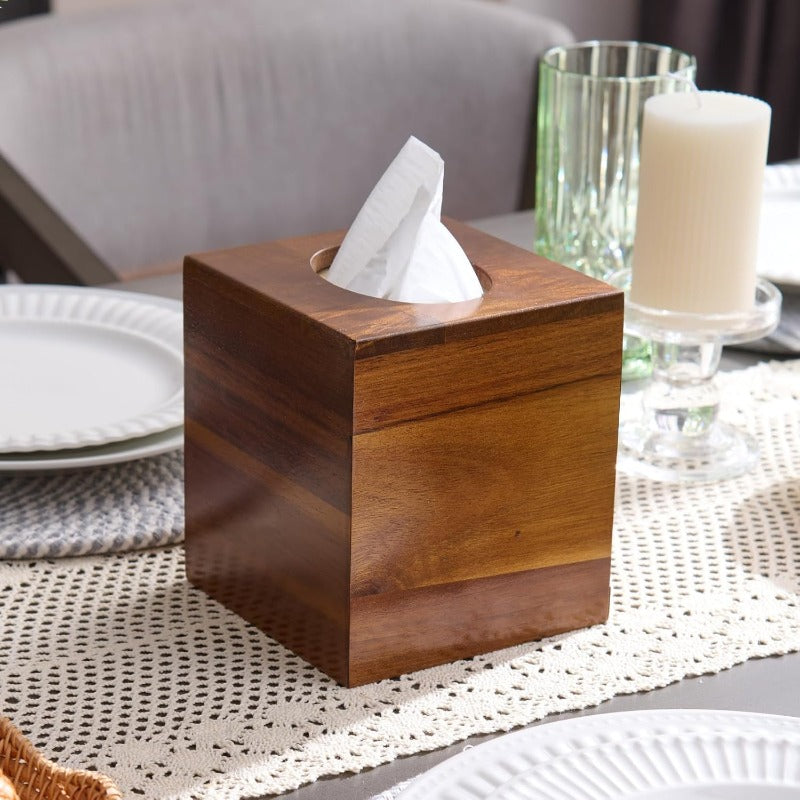 Acacia Wood Tissue Box Cover Square Wooden Tissue Holder for Bathroom Living Room Dining Table Decorative Cube Facial Tissue Box Cover 5. 3 x 5. 3 x 5. 9 inches