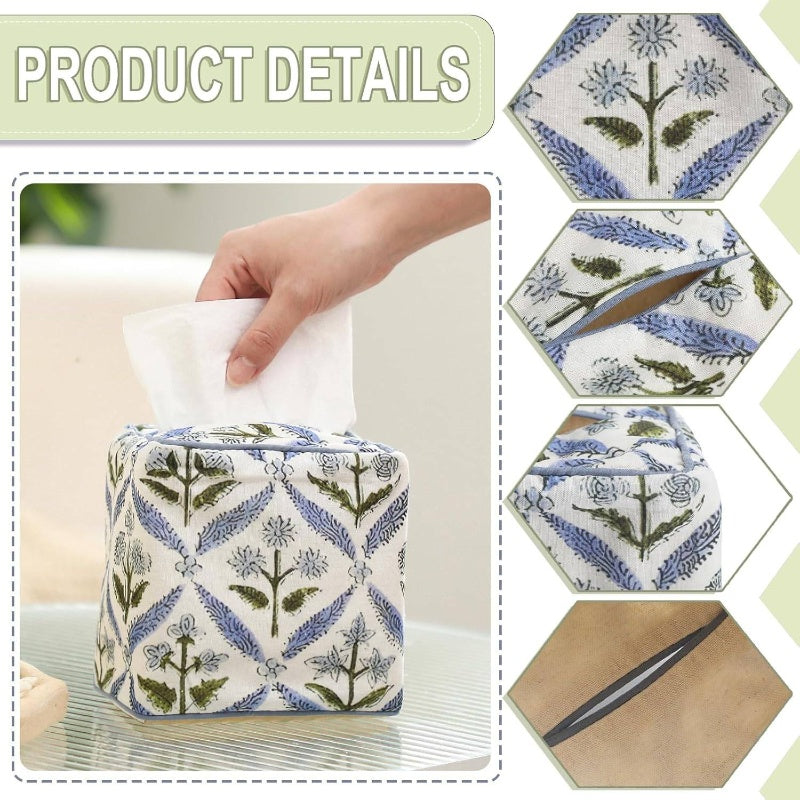 Handmade Fabric Tissue Box Cover - Elegant Floral Print Square Decorative Napkin Holder with Blue & Green Leaf Pattern, White Background, Soft Durable Fabric for Home, Bedroom, Bathroom, Office - Decorative Storage for Tissues, Space-Saving Design, Easy