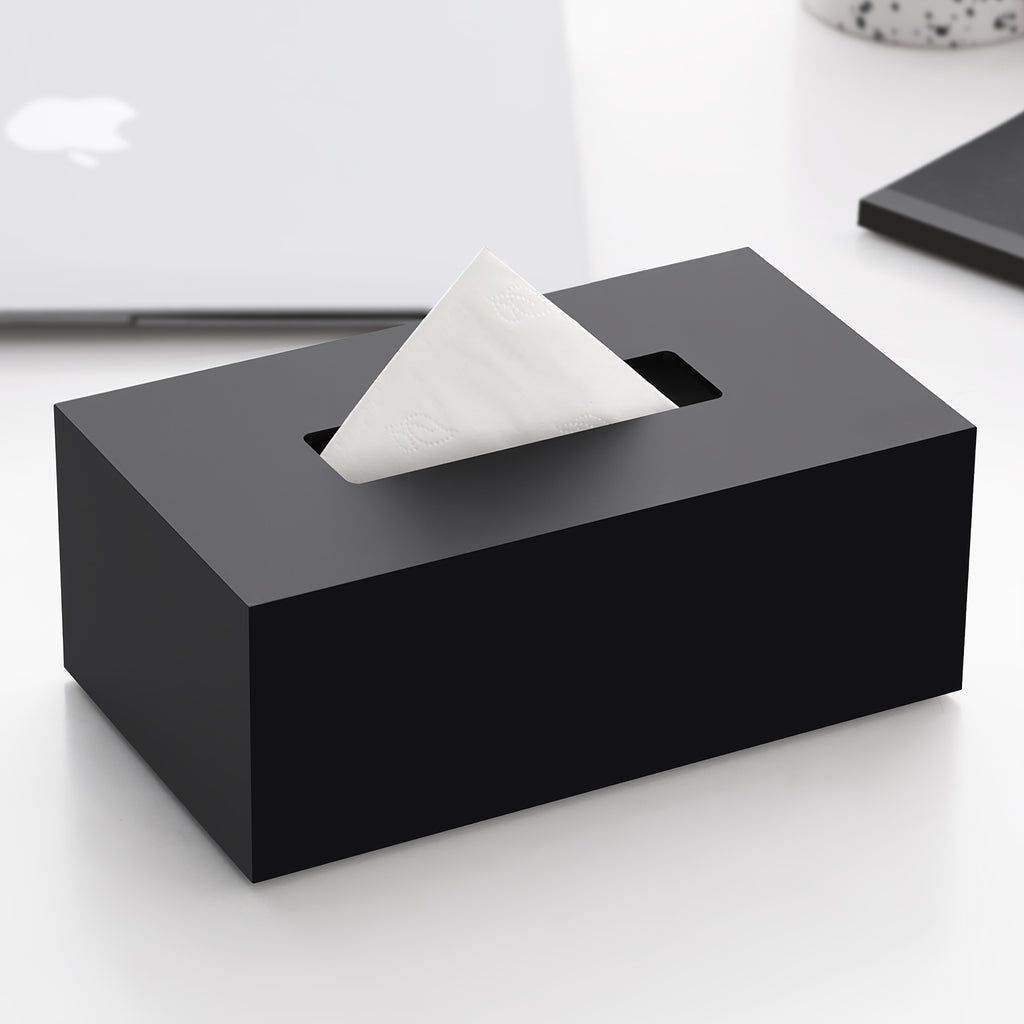Modern Black Tissue Box Holder with Matte or Glossy Finish - Heavy-Duty Rectangular Design with Open-Top Lid & Tissue Dispenser Slot | Durable Acrylic Construction for Home, Office, Hotel, Restaurant | Minimalist Decor, Space-Saving & Hygienic |