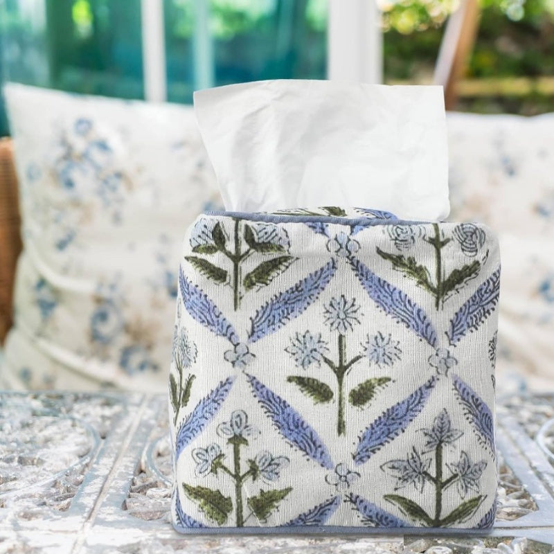 Handmade Fabric Tissue Box Cover - Elegant Floral Print Square Decorative Napkin Holder with Blue & Green Leaf Pattern, White Background, Soft Durable Fabric for Home, Bedroom, Bathroom, Office - Decorative Storage for Tissues, Space-Saving Design, Easy