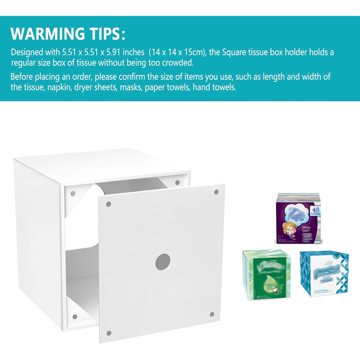2-in-1 Acrylic Tissue Box Cover & Dryer Sheet/Mask Holder with Magnetic Bottom - Space-Saving Bathroom Organizer, Compact Square Design (5, 51x5, 51x5, 91in) for Home, Office, Car - White - Compatible with Standard Tissues, Bathroom Storage, Office