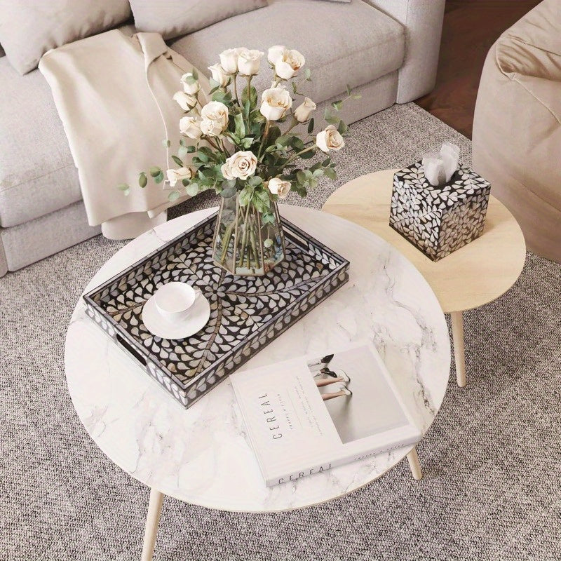 5.9" Cube Mother of Pearl Tissue Box Cover - Elegant Black & White Marble-like Leaf Pattern Decorative Napkin Dispenser Organizer, Rustic Farmhouse Vintage Tabletop Decor for Kitchen, Bathroom, Office - Durable Countertop Storage with Easy-Access Tissue
