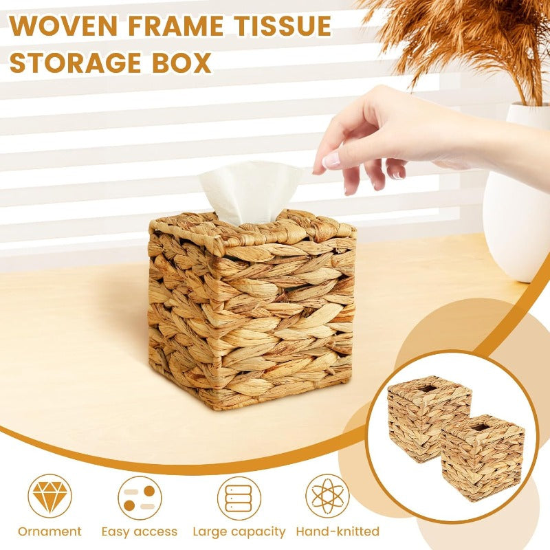 2pcs Decorative Woven Tissue Box Cover - Round Woven Tissue Holder with Open-Top Lid, Natural Beige Woven Texture, Durable Woven Fabric for Bathroom, Living Room, Office - Decorative Tissue Dispenser Organizer, Portable Tabletop Storage for Home & Travel,