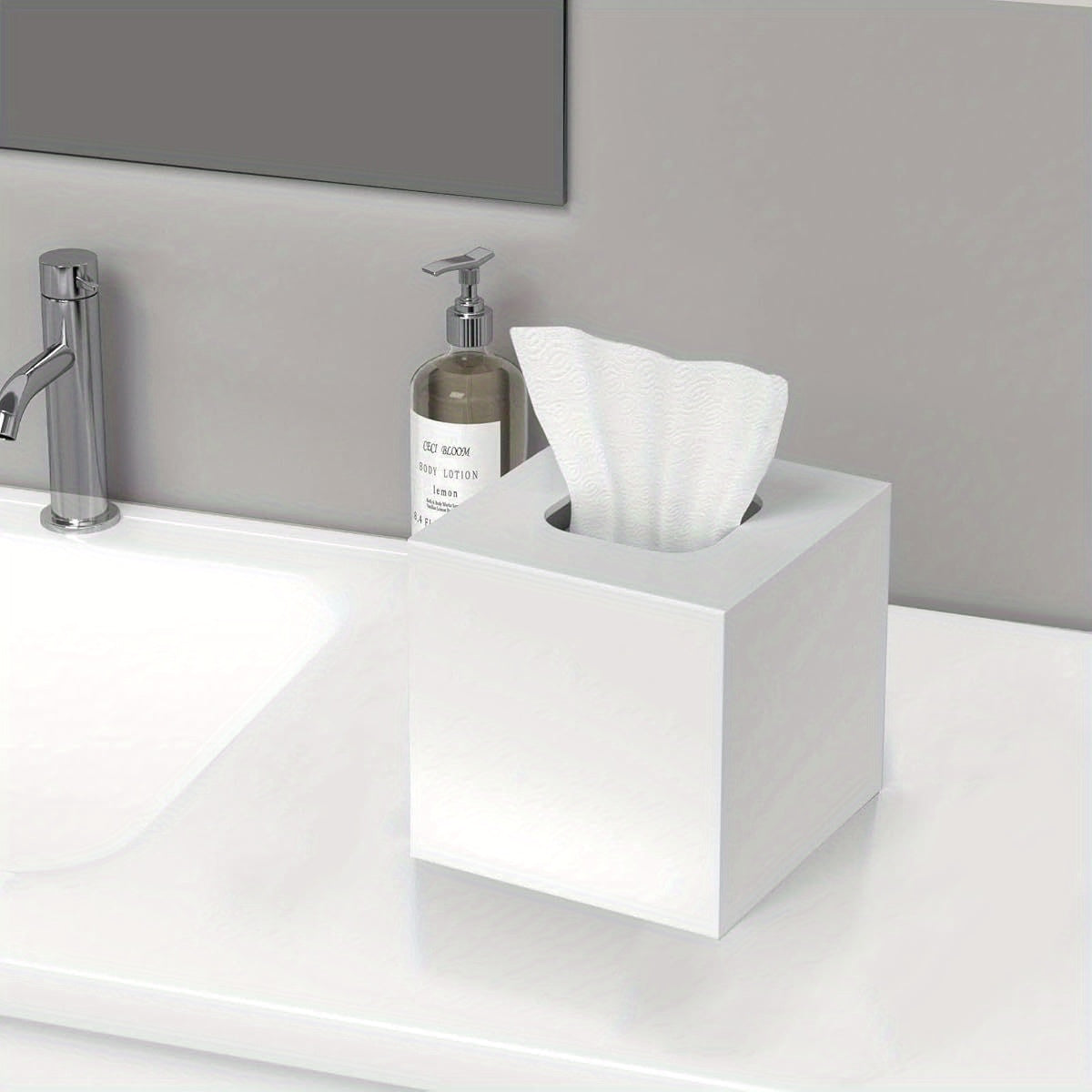 2-in-1 Acrylic Tissue Box Cover & Dryer Sheet/Mask Holder with Magnetic Bottom - Space-Saving Bathroom Organizer, Compact Square Design (5, 51x5, 51x5, 91in) for Home, Office, Car - White - Compatible with Standard Tissues, Bathroom Storage, Office
