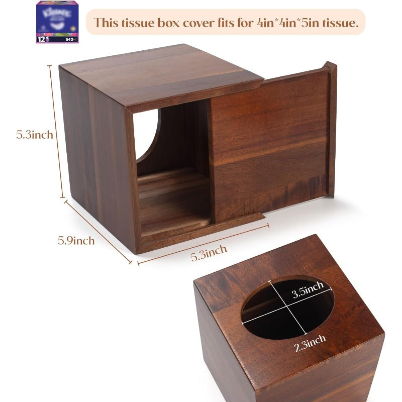 Acacia Wood Tissue Box Cover Square Wooden Tissue Holder for Bathroom Living Room Dining Table Decorative Cube Facial Tissue Box Cover 5. 3 x 5. 3 x 5. 9 inches