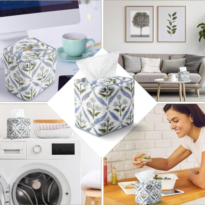 Handmade Fabric Tissue Box Cover - Elegant Floral Print Square Decorative Napkin Holder with Blue & Green Leaf Pattern, White Background, Soft Durable Fabric for Home, Bedroom, Bathroom, Office - Decorative Storage for Tissues, Space-Saving Design, Easy