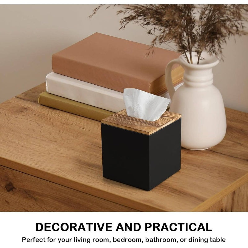 Modern Black Wooden Tissue Box Cover - Decorative Cube Tissue Dispenser with Top Surface, Space-Saving Organizer for Bathroom, Kitchen, Office, Living Room - Compatible with Standard Tissues, Elegant Home Decor Storage Solution, Tissue Holder for